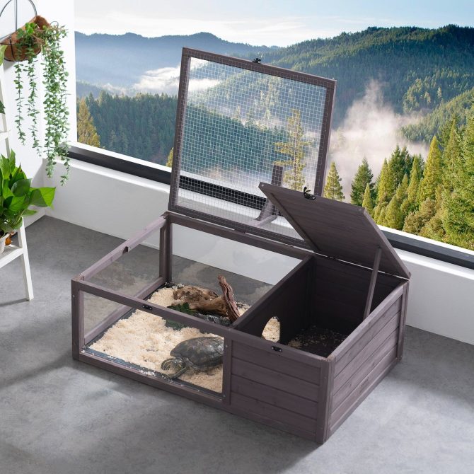 VEVOR Tortoise Habitat Wooden Tortoise House Indoor & Outdoor 2-Room 38x24x13in - Image 8
