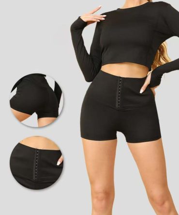 Women's High-Waisted Button-Up Sharkskin Yoga Shorts – 3-Inch Tummy Control Anti-Chafe Shapewear
