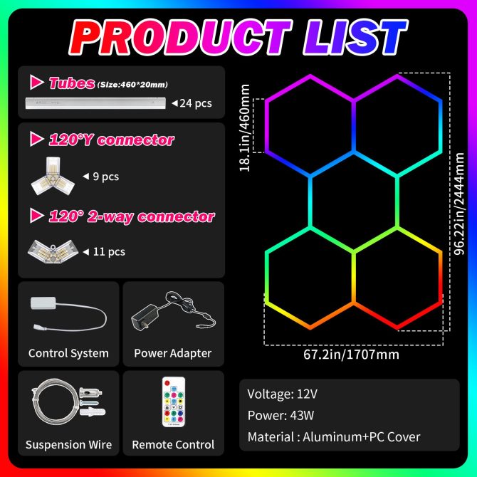 Hexagon led Lights - Garage Hexagon Light with Multi Color Modes, Dimmable and Speed Adjustable RGB Hexagon Wall Lights, DIY Design for Gaming Room, Bar, Club, Party, Music Studio, Gym - Image 2