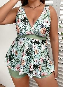 Swimsuits for Women Tropical Print V Neck Tops and Shorts Bathing Suits Two Piece Swimsuit