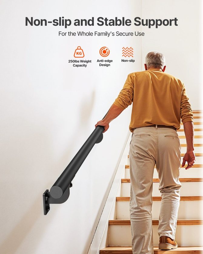 6ft Wall Mounted Stair Handrail Black Aluminum Indoor Outdoor Railing - Image 2