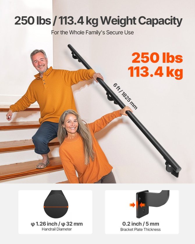 6ft Wall Mounted Stair Handrail Black Aluminum Indoor Outdoor Railing - Image 3