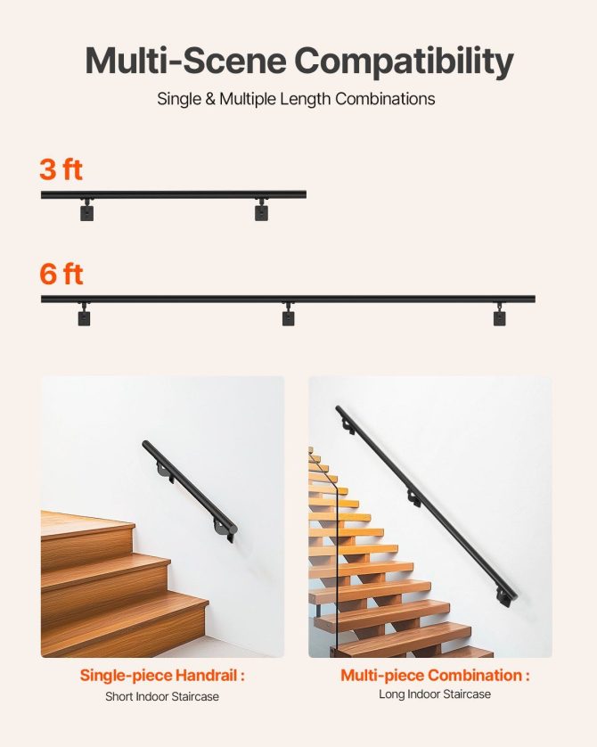 6ft Wall Mounted Stair Handrail Black Aluminum Indoor Outdoor Railing - Image 5