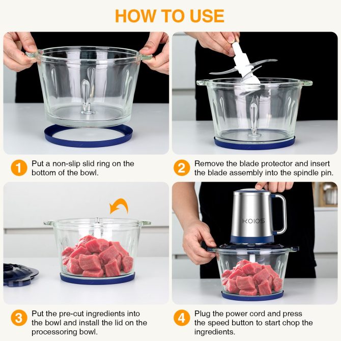 KOIOS Electric Food Chopper Processor Vegetables Meat Grinder Mixer 2L Glass Clear Bowl - Image 2