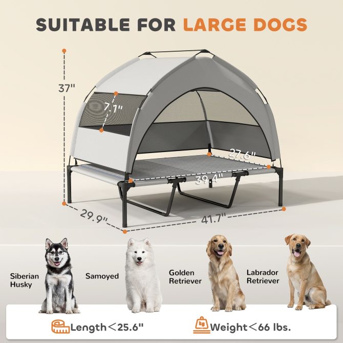 PawHut Elevated Dog Bed with Removable Canopy, Portable Outside Raised Pet Cot with Cooling Pad, Storage Bag, 42" x 30" x 37" - Image 3