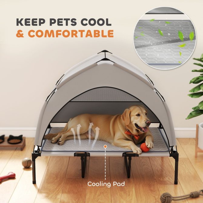 PawHut Elevated Dog Bed with Removable Canopy, Portable Outside Raised Pet Cot with Cooling Pad, Storage Bag, 42" x 30" x 37" - Image 4