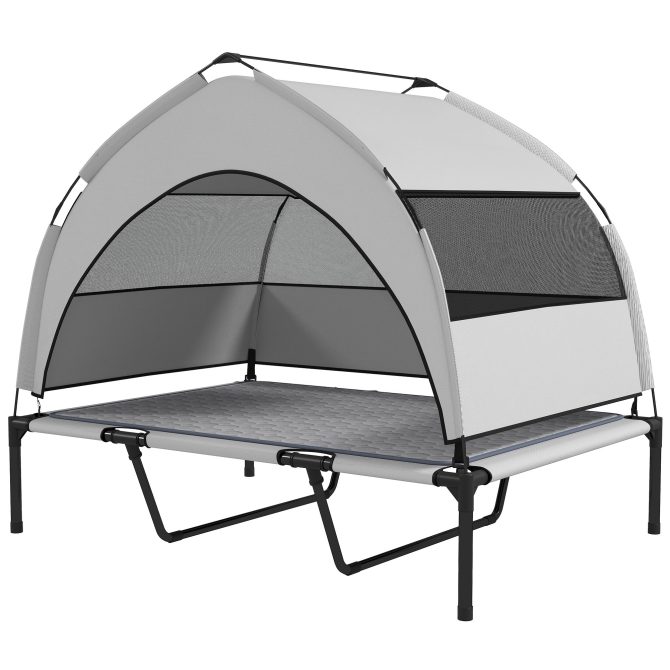 PawHut Elevated Dog Bed with Removable Canopy, Portable Outside Raised Pet Cot with Cooling Pad, Storage Bag, 42" x 30" x 37"