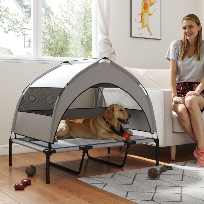 PawHut Elevated Dog Bed with Removable Canopy, Portable Outside Raised Pet Cot with Cooling Pad, Storage Bag, 42" x 30" x 37" - Image 10