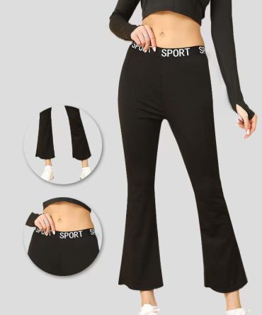 Women's Mid Rise Letter Print Flare Pants – Soft Comfy 9/10 Workwear Trousers in Black