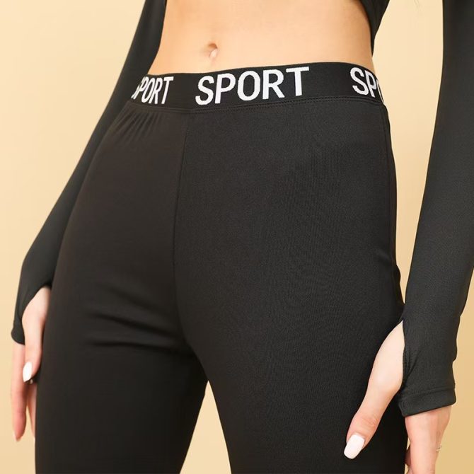 Women's Mid Rise Letter Print Flare Pants – Soft Comfy 9/10 Workwear Trousers in Black - Image 7