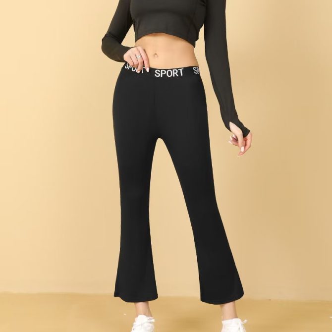 Women's Mid Rise Letter Print Flare Pants – Soft Comfy 9/10 Workwear Trousers in Black - Image 24