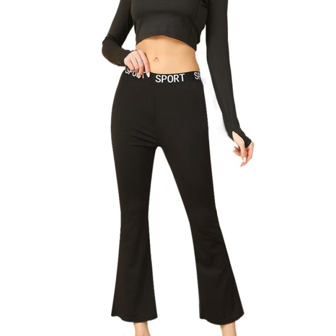 Women's Mid Rise Letter Print Flare Pants – Soft Comfy 9/10 Workwear Trousers in Black - Image 25