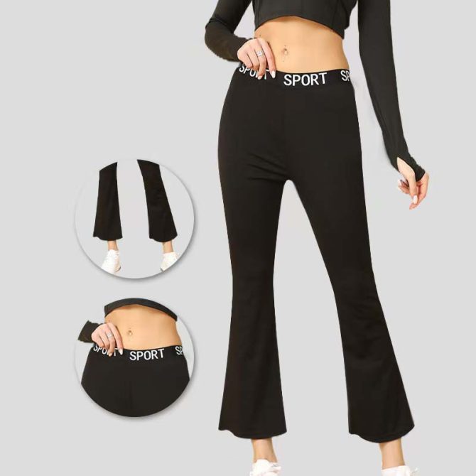 Women's Mid Rise Letter Print Flare Pants – Soft Comfy 9/10 Workwear Trousers in Black - Image 21