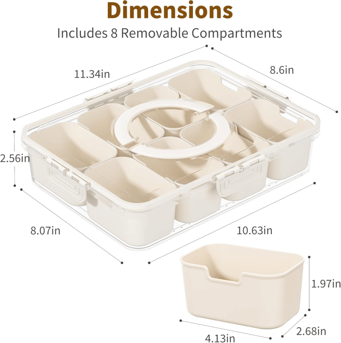 Snackle Box Container, Divided Serving Tray with Lid and Handle, Snack Organizer for Candy, Fruits, Nuts, Snacks, 8 Compartments Snack Box for Travel, Party and Entertaining - Image 2