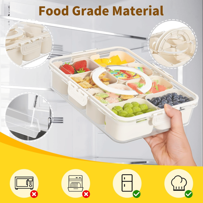 Snackle Box Container, Divided Serving Tray with Lid and Handle, Snack Organizer for Candy, Fruits, Nuts, Snacks, 8 Compartments Snack Box for Travel, Party and Entertaining - Image 4