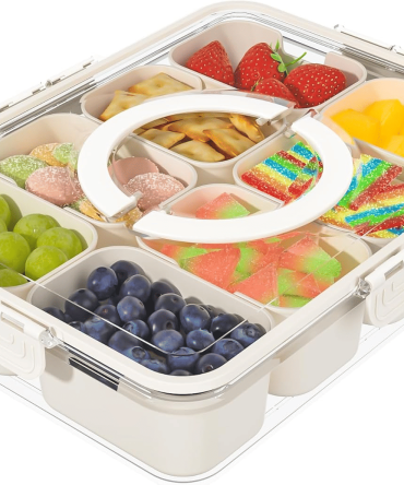 Snackle Box Container, Divided Serving Tray with Lid and Handle, Snack Organizer for Candy, Fruits, Nuts, Snacks, 8 Compartments Snack Box for Travel, Party and Entertaining