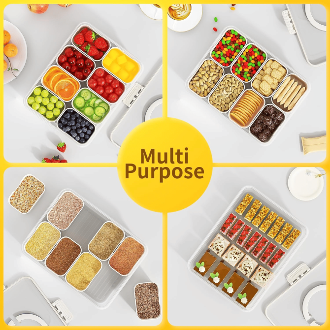 Snackle Box Container, Divided Serving Tray with Lid and Handle, Snack Organizer for Candy, Fruits, Nuts, Snacks, 8 Compartments Snack Box for Travel, Party and Entertaining - Image 5