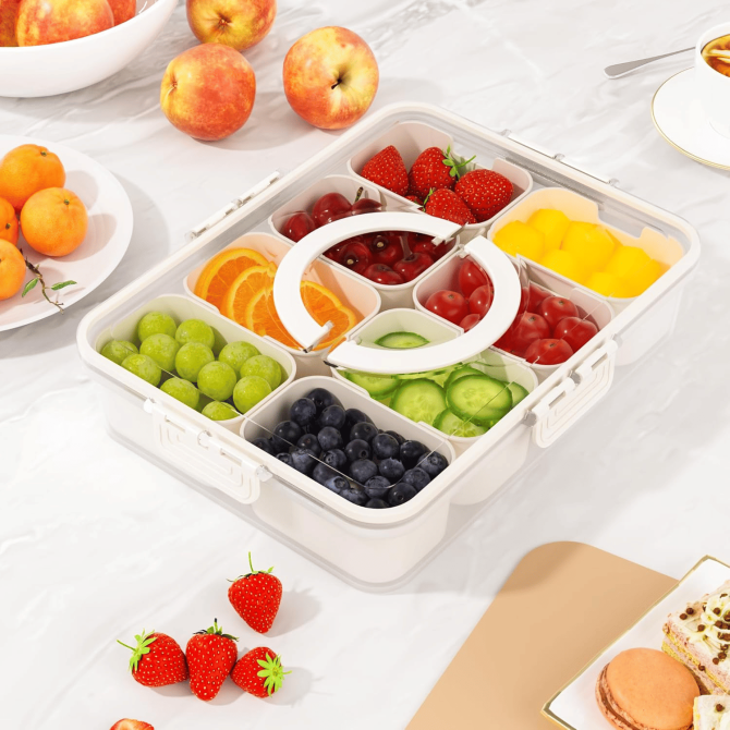 Snackle Box Container, Divided Serving Tray with Lid and Handle, Snack Organizer for Candy, Fruits, Nuts, Snacks, 8 Compartments Snack Box for Travel, Party and Entertaining - Image 7