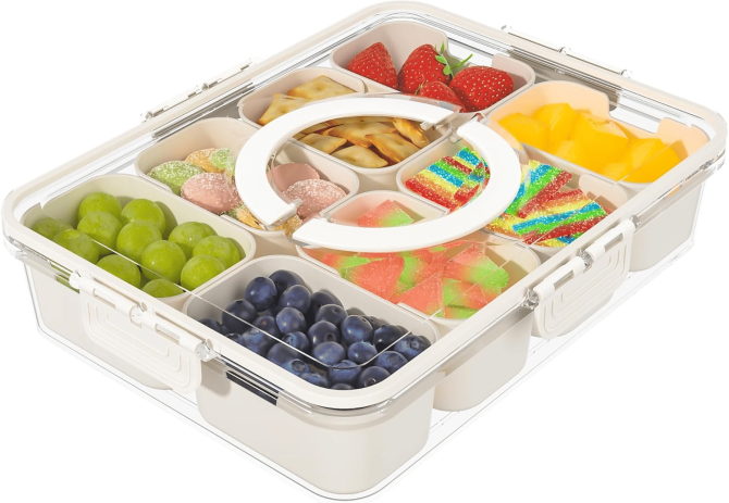 Snackle Box Container, Divided Serving Tray with Lid and Handle, Snack Organizer for Candy, Fruits, Nuts, Snacks, 8 Compartments Snack Box for Travel, Party and Entertaining