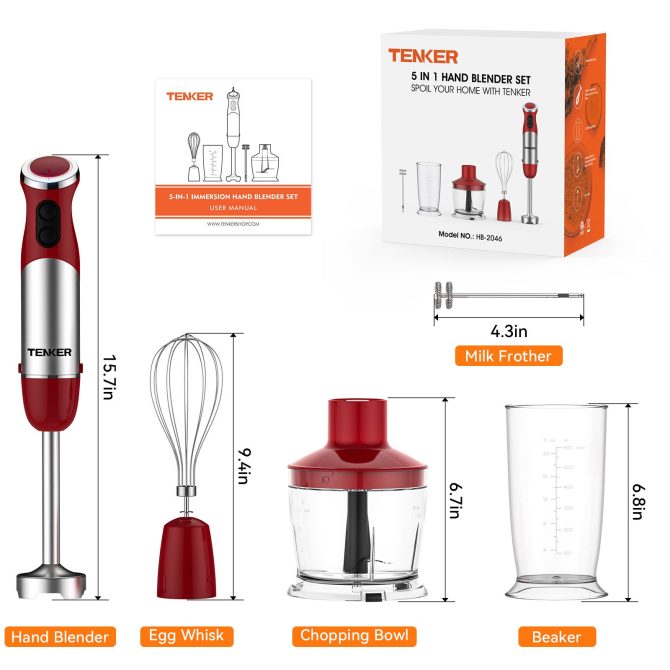 TENKER 5-in-1 Hand Immersion Blender, 1000W 12 Speed Handheld Blender, Copper Motor Stainless Steel Blade Stick Blender,600ml Mixing Beaker,500ml Food Processor, Whisk, Milk Frother, BPA-Free, Red - Image 11