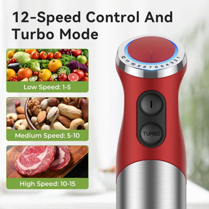 TENKER 5-in-1 Hand Immersion Blender, 1000W 12 Speed Handheld Blender, Copper Motor Stainless Steel Blade Stick Blender,600ml Mixing Beaker,500ml Food Processor, Whisk, Milk Frother, BPA-Free, Red - Image 3