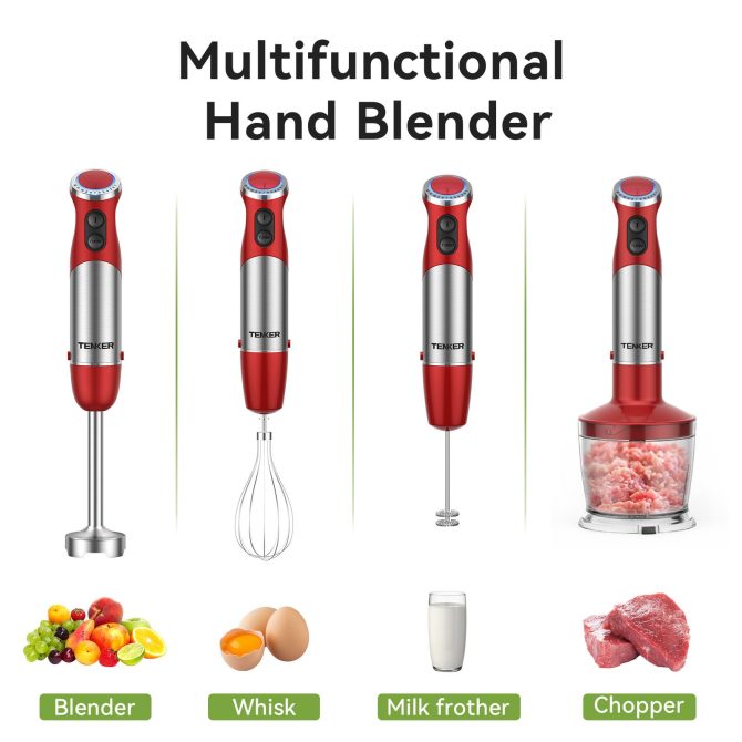 TENKER 5-in-1 Hand Immersion Blender, 1000W 12 Speed Handheld Blender, Copper Motor Stainless Steel Blade Stick Blender,600ml Mixing Beaker,500ml Food Processor, Whisk, Milk Frother, BPA-Free, Red - Image 4