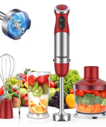 TENKER 5-in-1 Hand Immersion Blender, 1000W 12 Speed Handheld Blender, Copper Motor Stainless Steel Blade Stick Blender,600ml Mixing Beaker,500ml Food Processor, Whisk, Milk Frother, BPA-Free, Red