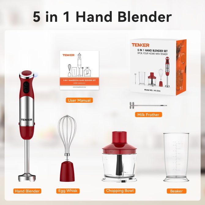 TENKER 5-in-1 Hand Immersion Blender, 1000W 12 Speed Handheld Blender, Copper Motor Stainless Steel Blade Stick Blender,600ml Mixing Beaker,500ml Food Processor, Whisk, Milk Frother, BPA-Free, Red - Image 6
