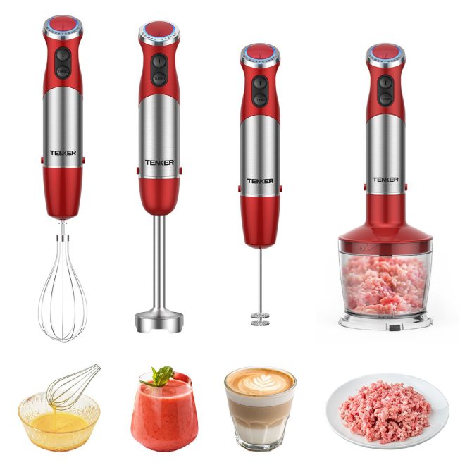 TENKER 5-in-1 Hand Immersion Blender, 1000W 12 Speed Handheld Blender, Copper Motor Stainless Steel Blade Stick Blender,600ml Mixing Beaker,500ml Food Processor, Whisk, Milk Frother, BPA-Free, Red - Image 7