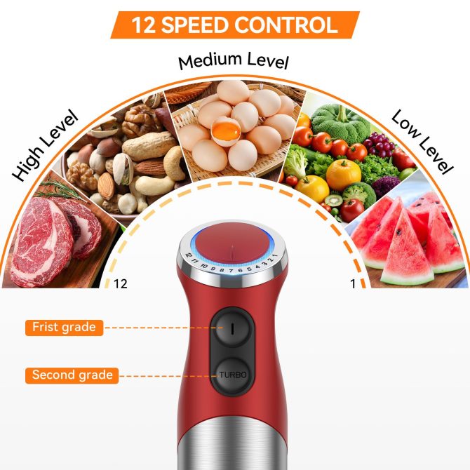 TENKER 5-in-1 Hand Immersion Blender, 1000W 12 Speed Handheld Blender, Copper Motor Stainless Steel Blade Stick Blender,600ml Mixing Beaker,500ml Food Processor, Whisk, Milk Frother, BPA-Free, Red - Image 8