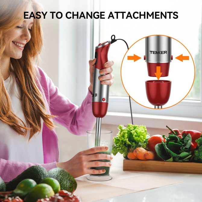 TENKER 5-in-1 Hand Immersion Blender, 1000W 12 Speed Handheld Blender, Copper Motor Stainless Steel Blade Stick Blender,600ml Mixing Beaker,500ml Food Processor, Whisk, Milk Frother, BPA-Free, Red - Image 9
