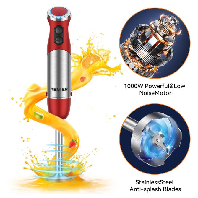 TENKER 5-in-1 Hand Immersion Blender, 1000W 12 Speed Handheld Blender, Copper Motor Stainless Steel Blade Stick Blender,600ml Mixing Beaker,500ml Food Processor, Whisk, Milk Frother, BPA-Free, Red - Image 10
