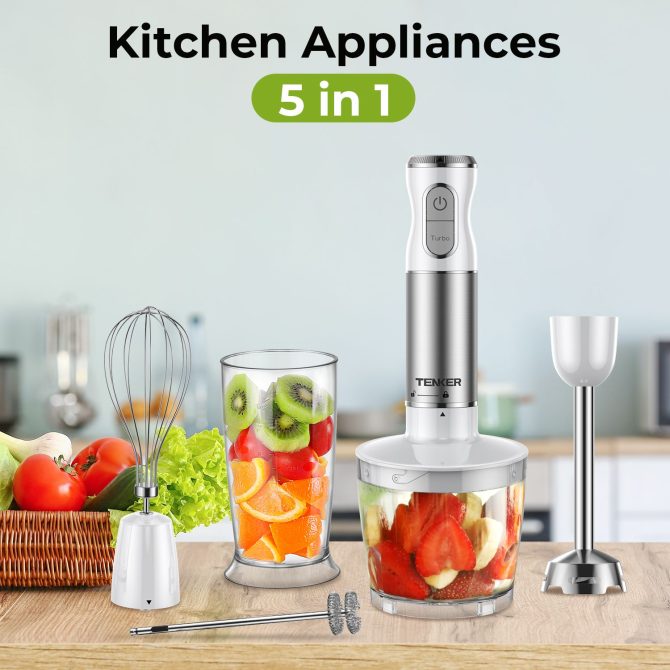 HB-2016A Hand Blender 5 in 1 white Immersion Blender Set, 30-Speed Hand Stick Blender with 600ml Beaker, 500ml Food Processor, Egg Whisk, Milk Frother, White,TENKER - Image 2