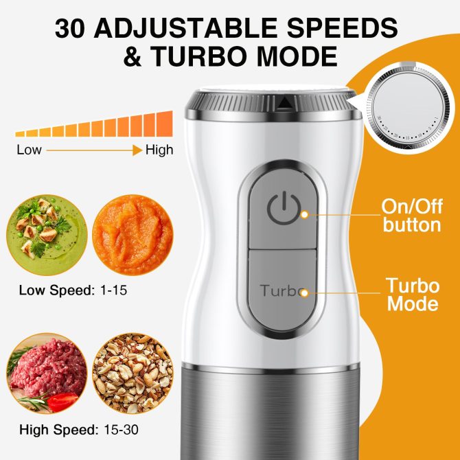 HB-2016A Hand Blender 5 in 1 white Immersion Blender Set, 30-Speed Hand Stick Blender with 600ml Beaker, 500ml Food Processor, Egg Whisk, Milk Frother, White,TENKER - Image 14