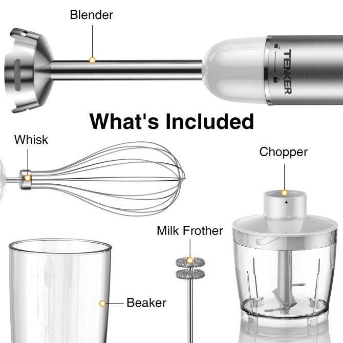 HB-2016A Hand Blender 5 in 1 white Immersion Blender Set, 30-Speed Hand Stick Blender with 600ml Beaker, 500ml Food Processor, Egg Whisk, Milk Frother, White,TENKER - Image 15