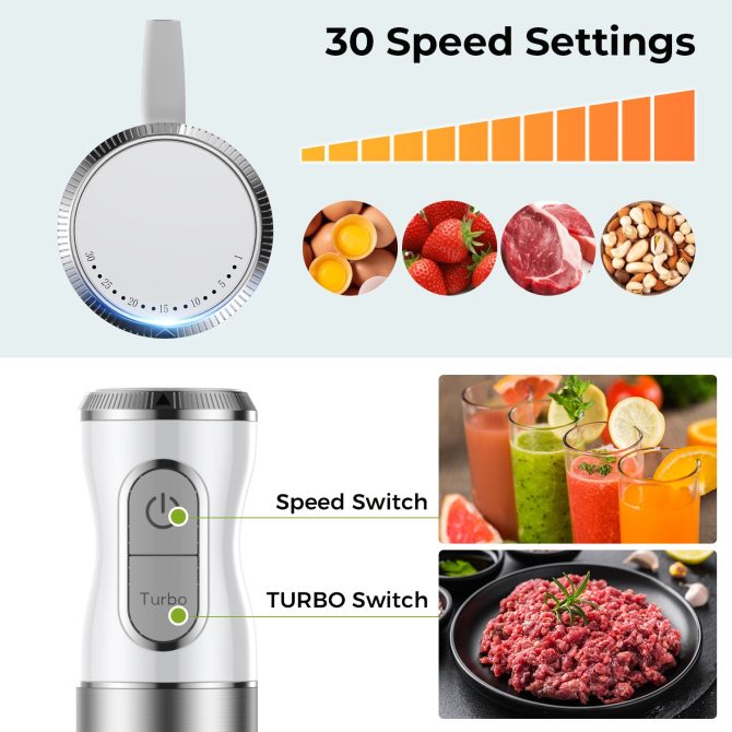 HB-2016A Hand Blender 5 in 1 white Immersion Blender Set, 30-Speed Hand Stick Blender with 600ml Beaker, 500ml Food Processor, Egg Whisk, Milk Frother, White,TENKER - Image 3