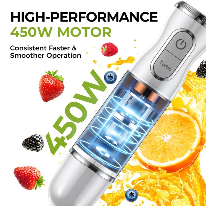HB-2016A Hand Blender 5 in 1 white Immersion Blender Set, 30-Speed Hand Stick Blender with 600ml Beaker, 500ml Food Processor, Egg Whisk, Milk Frother, White,TENKER - Image 4