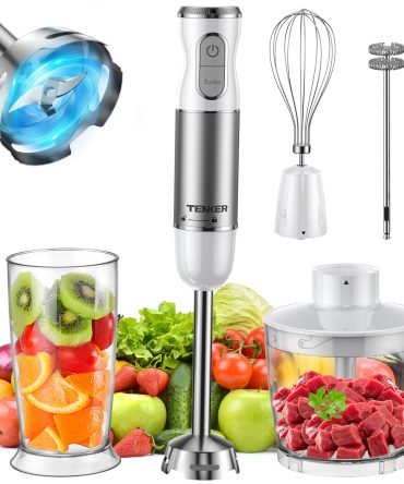 HB-2016A Hand Blender 5 in 1 white Immersion Blender Set, 30-Speed Hand Stick Blender with 600ml Beaker, 500ml Food Processor, Egg Whisk, Milk Frother, White,TENKER