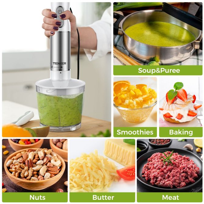 HB-2016A Hand Blender 5 in 1 white Immersion Blender Set, 30-Speed Hand Stick Blender with 600ml Beaker, 500ml Food Processor, Egg Whisk, Milk Frother, White,TENKER - Image 5