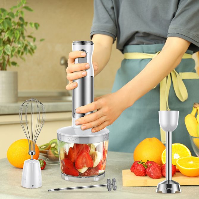 HB-2016A Hand Blender 5 in 1 white Immersion Blender Set, 30-Speed Hand Stick Blender with 600ml Beaker, 500ml Food Processor, Egg Whisk, Milk Frother, White,TENKER - Image 7