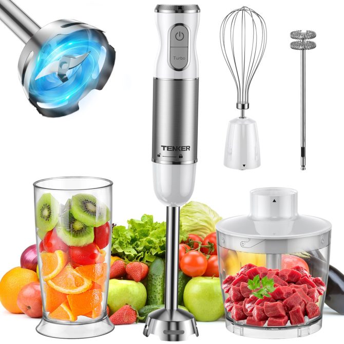 HB-2016A Hand Blender 5 in 1 white Immersion Blender Set, 30-Speed Hand Stick Blender with 600ml Beaker, 500ml Food Processor, Egg Whisk, Milk Frother, White,TENKER