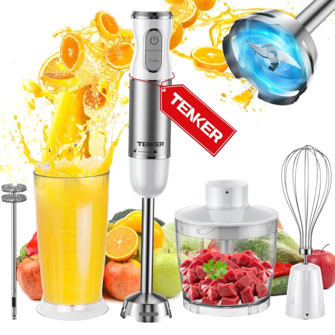 HB-2016A Hand Blender 5 in 1 white Immersion Blender Set, 30-Speed Hand Stick Blender with 600ml Beaker, 500ml Food Processor, Egg Whisk, Milk Frother, White,TENKER - Image 8