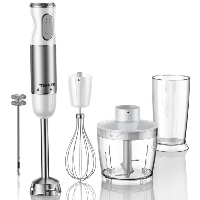 HB-2016A Hand Blender 5 in 1 white Immersion Blender Set, 30-Speed Hand Stick Blender with 600ml Beaker, 500ml Food Processor, Egg Whisk, Milk Frother, White,TENKER - Image 9