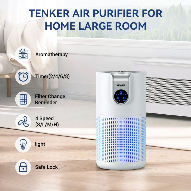 TENKER M03 Air Purifier White for Home Large Room HEPA Air Purifier for Bedroom Pets Kitchen, Air Filter Cleaner for Smoke Pollen Dust Dander Odor - Image 3