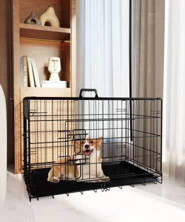 Dog Crate, 30 Inch Medium Dog Cage with Divider and Plastic Leak-Proof Pan Tray, Double Door Folding Metal Wire Cage for Indoor, Outdoor, and Travel, Made in Vietnam