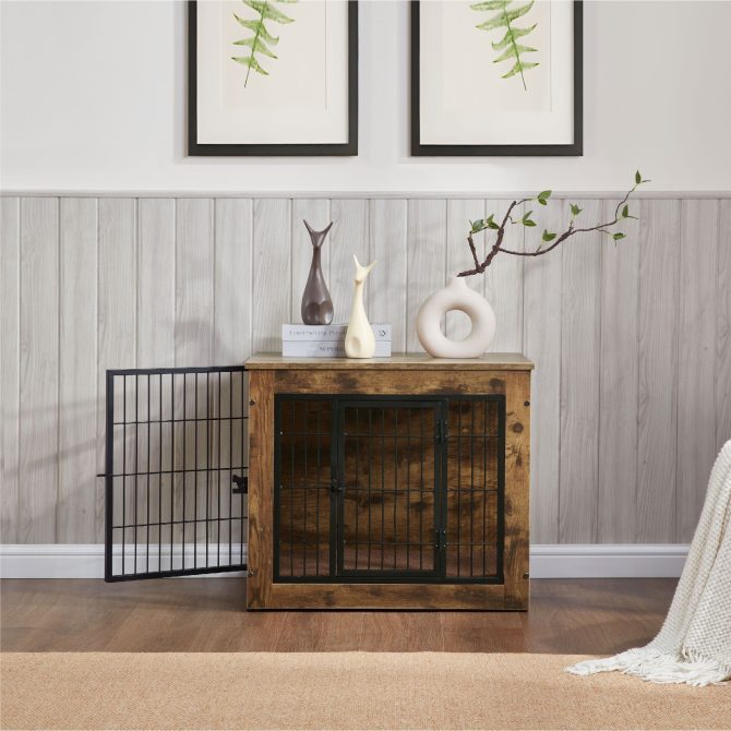 Dog Crate Furniture with Cushion, Wooden Dog Kennel Furniture, Heavy Duty Dog Cage, 27" Dog Kennel with Double Doors, Dog Crates for Small/Medium Dogs, Rustic Brown, S - Image 3