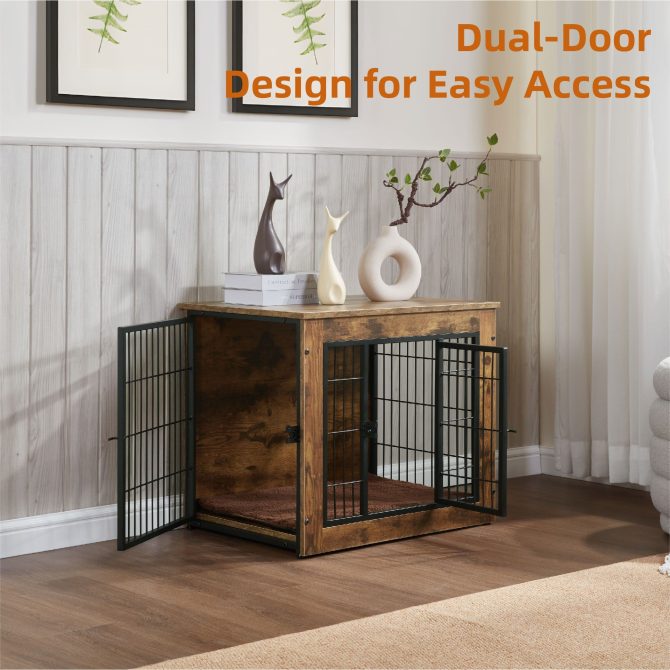Dog Crate Furniture with Cushion, Wooden Dog Kennel Furniture, Heavy Duty Dog Cage, 27" Dog Kennel with Double Doors, Dog Crates for Small/Medium Dogs, Rustic Brown, S - Image 4