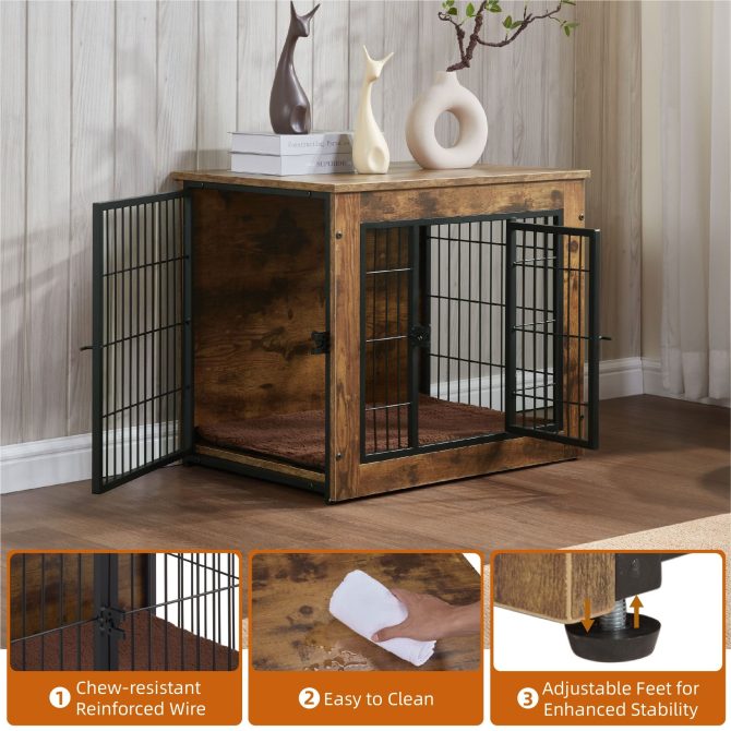 Dog Crate Furniture with Cushion, Wooden Dog Kennel Furniture, Heavy Duty Dog Cage, 27" Dog Kennel with Double Doors, Dog Crates for Small/Medium Dogs, Rustic Brown, S - Image 5