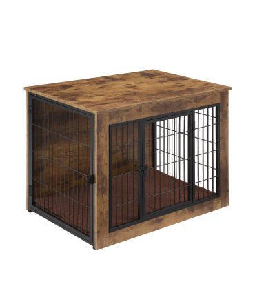 Dog Crate Furniture with Cushion, Wooden Dog Kennel Furniture, Heavy Duty Dog Cage, 27" Dog Kennel with Double Doors, Dog Crates for Small/Medium Dogs, Rustic Brown, S