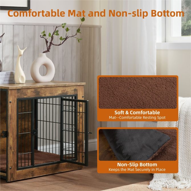 Dog Crate Furniture with Cushion, Wooden Dog Kennel Furniture, Heavy Duty Dog Cage, 27" Dog Kennel with Double Doors, Dog Crates for Small/Medium Dogs, Rustic Brown, S - Image 6